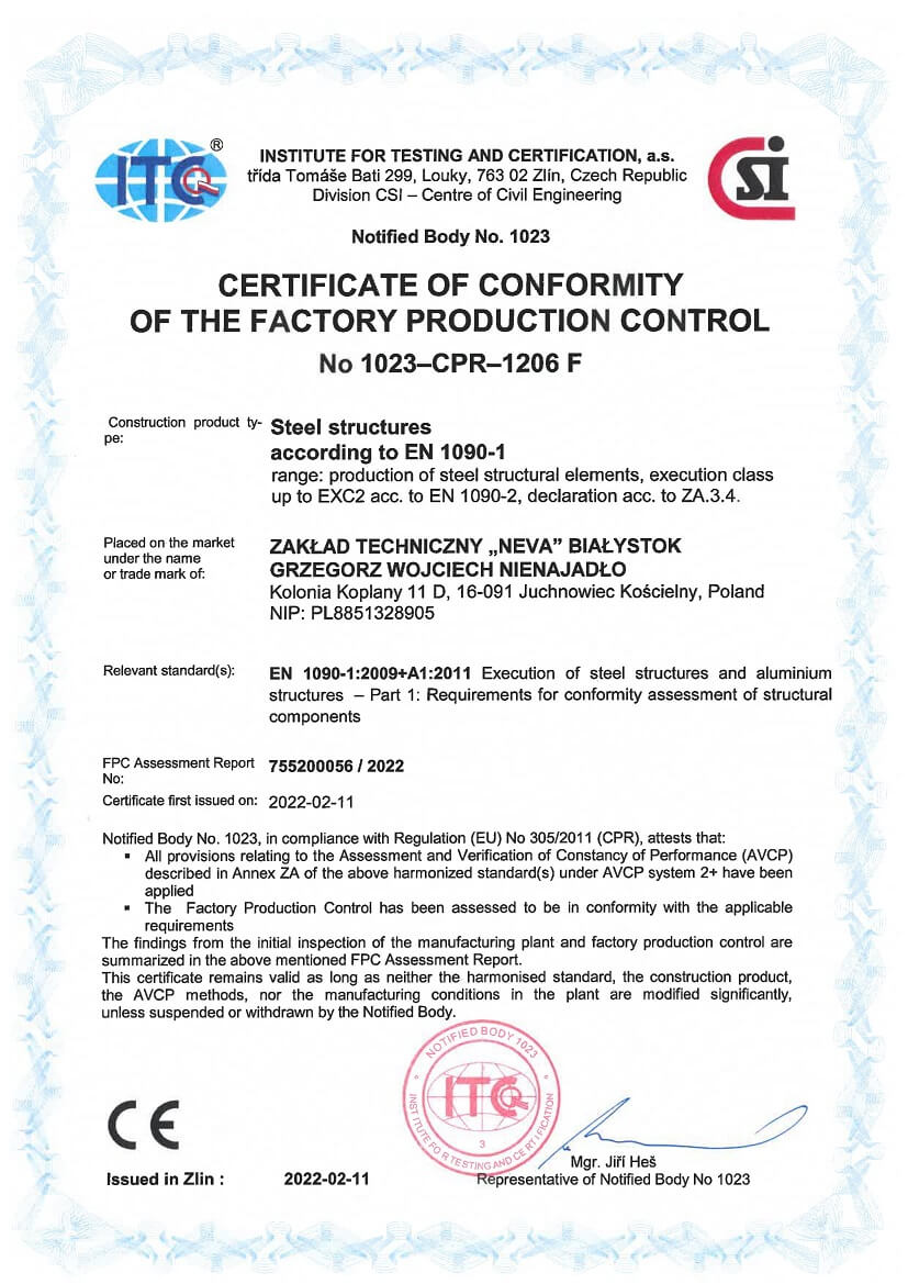 Certyficate of conformity of the factory production control